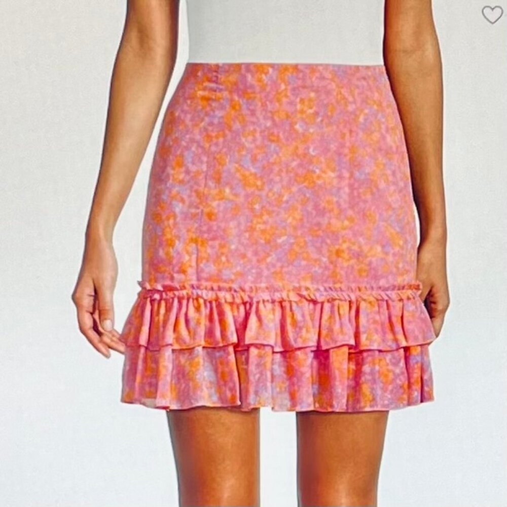 Likely Nori Floral Print Ruffled Mini Skirt in Orange/Pink (10) New With Tags